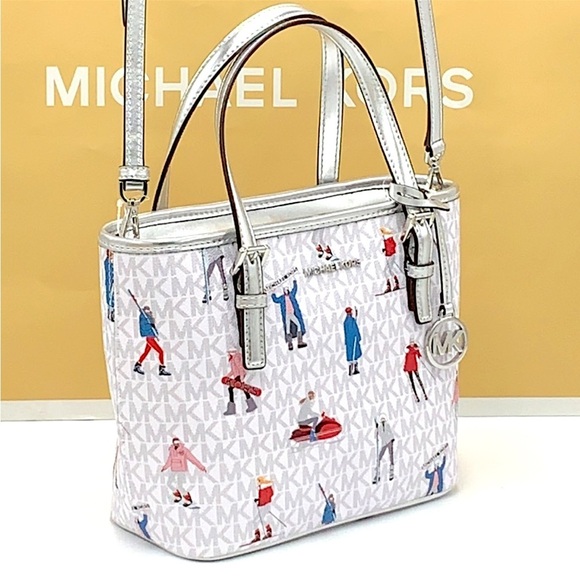 Michael Kors Handbags - Michael Kors Jet Set Girls Print White Signature XSMALL Carryall Top Zip Tote
